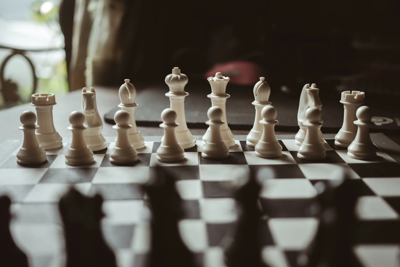 Chess pieces on a board during a game