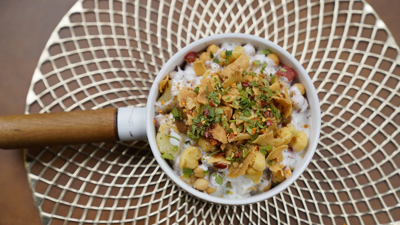 A bowl of chickpea salad photographed from above