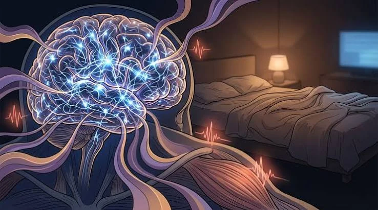 Conceptual illustration of an active brain beside an empty bed